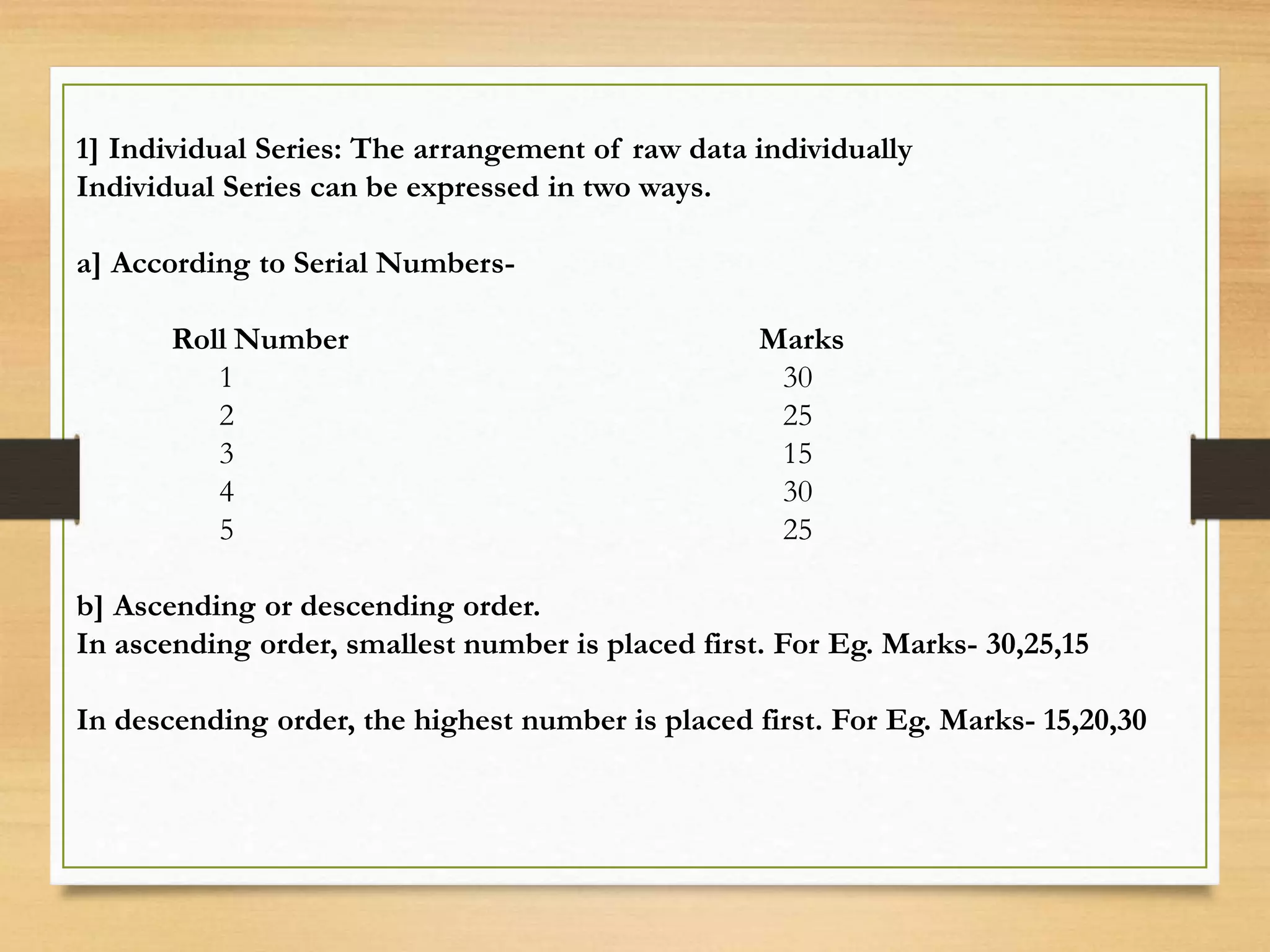 1] Individual Series: The arrangement of raw data individually
Individual Series can be expressed in two ways.
a] According to Serial Numbers-
Roll Number Marks
1 30
2 25
3 15
4 30
5 25
b] Ascending or descending order.
In ascending order, smallest number is placed first. For Eg. Marks- 30,25,15
In descending order, the highest number is placed first. For Eg. Marks- 15,20,30
 