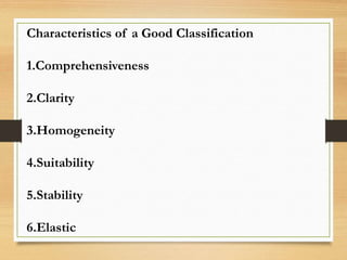 Characteristics of a Good Classification
1.Comprehensiveness
2.Clarity
3.Homogeneity
4.Suitability
5.Stability
6.Elastic
 