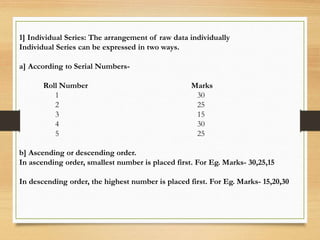 1] Individual Series: The arrangement of raw data individually
Individual Series can be expressed in two ways.
a] According to Serial Numbers-
Roll Number Marks
1 30
2 25
3 15
4 30
5 25
b] Ascending or descending order.
In ascending order, smallest number is placed first. For Eg. Marks- 30,25,15
In descending order, the highest number is placed first. For Eg. Marks- 15,20,30
 