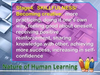 Stage4: SKILLFULNESS/
Becoming creative: more
practicing, doing it one's own
way, feeling good about oneself,
receiving positive
reinforcement, sharing
knowledge with other, achieving
more success, increasing in self-
confidence
 