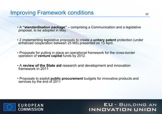 A  “standardisation package”  – comprising a Communication and a legislative proposal, to be adopted in May. 2 implementing legislative proposals to create a  unitary patent  protection (under enhanced cooperation between 25 MS) presented on 13 April. Proposals for putting in place an operational framework for the cross-border operation of  venture capital  funds by 2012.  A  review of the State aid  research and development and innovation framework in 2011 Proposals to exploit  public procurement  budgets for innovative products and services by the end of 2011  Improving Framework conditions 