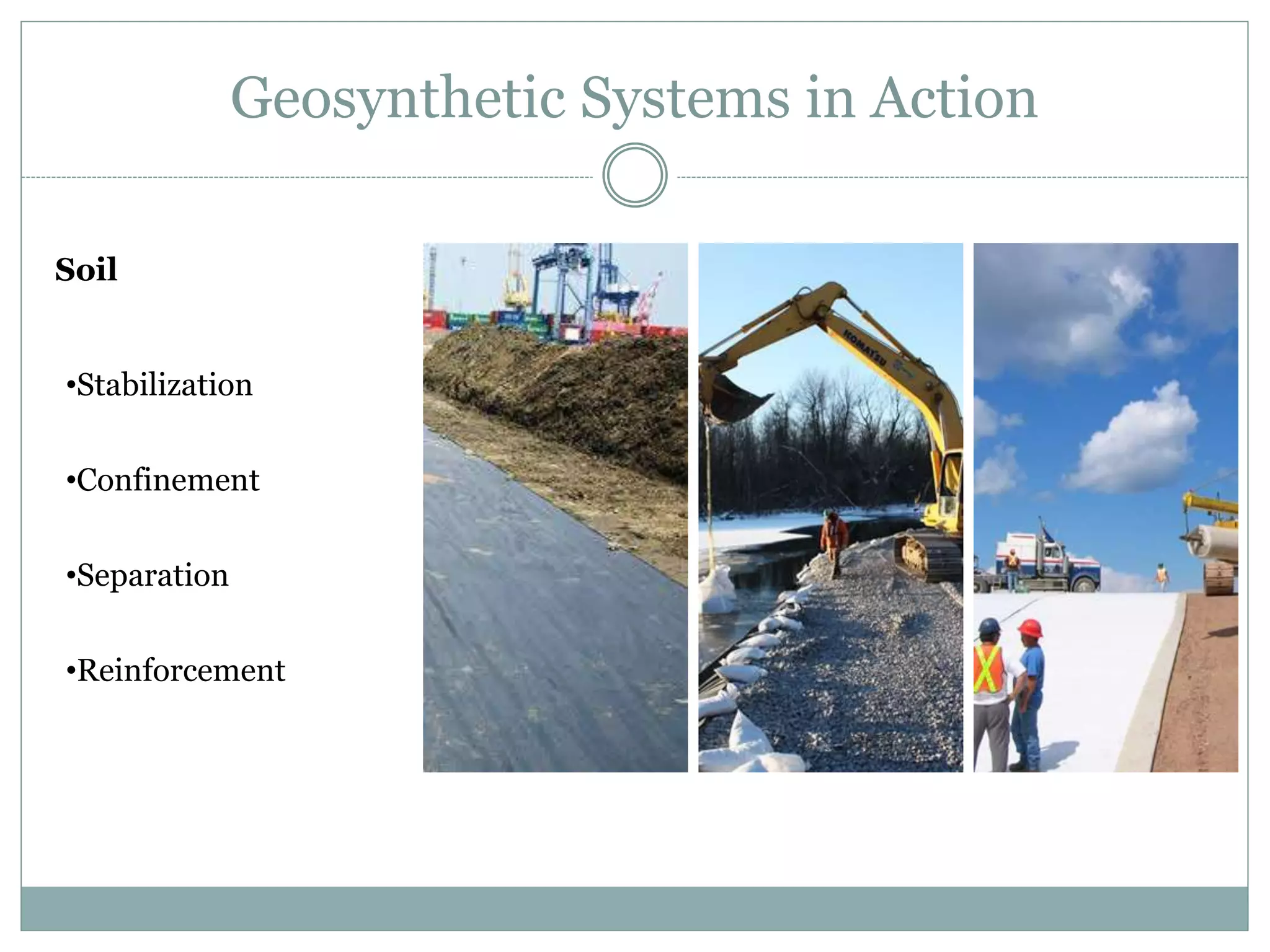 Geosynthetic Systems in Action
Soil
•Stabilization
•Confinement
•Separation
•Reinforcement
 