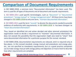 Copyrights 2018 @ I Global Manager Group | sales@globalmanagergroup.com | 6GMG
In ISO 50001:2018, a common term “Documented information” has been used. This
term is used for all types of documents and all document and records requirements.
1. ISO 50001:2011 used specific terminologies, such as “document” or “documented
procedures”, “energy manual” or “energy management plan”. All these terms have been
changed in ISO 50001:2018 to only one term, “maintain documented information”.
2. ISO 50001:2011 used the term “records” to denote the documents needed to provide
evidence of conformity with requirements. In ISO 50001:2018 it has been changed to
“retain documented information”.
Thus, based on identified risk and action decided and other planned activity(ies) the
organization needs to decide a requirement to “maintain” documented information. It
does not exclude the possibility that the organization might also need to “retain” that
same documented information for a particular purpose for the revised standard.
In ISO 50001:2018, documentation requirements are reduced, and it is required only at
few places. In this revised standard, energy manual and procedures and energy plan,
etc., are not specified as mandatory requirements; but as a good practice companies
use to make energy manual with energy policy and objectives at macro level to describe
how other requirements are complied.
Comparison of Document Requirements
 