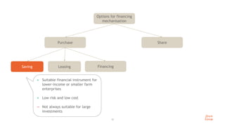 Share
Purchase
10
Options for financing
mechanisation
Leasing
Saving Financing
Saving
+ Suitable financial instrument for
lower-income or smaller farm
enterprises
+ Low risk and low cost
― Not always suitable for large
investments
 