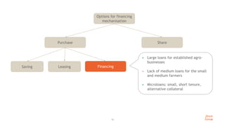 Share
Purchase
16
Options for financing
mechanisation
Leasing
Saving Financing
+ Large loans for established agro-
businesses
 Lack of medium loans for the small
and medium farmers
+ Microloans: small, short tenure,
alternative collateral
 