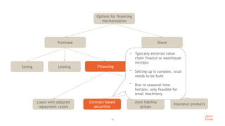 Share
Purchase
18
Options for financing
mechanisation
Leasing
Saving Financing
How to solve the
risk problem
Loans with adapted
repayment cycles
Contract-based
securities
Joint liability
groups
Insurance products
+ Typically external value
chain finance or warehouse
receipts
‾ Setting up is complex, trust
needs to be built
‾ Due to seasonal time
horizon, only feasible for
small machinery
 