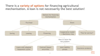Share
Purchase
21
There is a variety of options for financing agricultural
mechanisation. A loan is not necessarily the best solution!
Options for financing
mechanisation
Leasing
Saving Financing
How to solve the
risk problem
Loans with adapted
repayment cycles
Contract-based
securities
Joint liability
groups
Insurance products
Cooperative model
/ Machinery ring
“Fee for service”
 