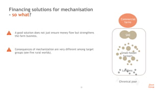 • A good solution does not just ensure money flow but strengthens
the farm business.
• Consequences of mechanization are very different among target
groups (see five rural worlds).
22
Financing solutions for mechanisation
- so what?
Small-holder
farmers
Landless
Chronical poor
Commercial
farms
SME
 