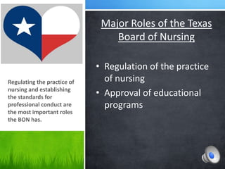 Major Roles of the Texas
                                 Board of Nursing

                             • Regulation of the practice
Regulating the practice of     of nursing
nursing and establishing
the standards for
                             • Approval of educational
professional conduct are       programs
the most important roles
the BON has.
 