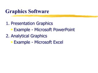 Graphics Software 1. Presentation Graphics Example - Microsoft PowerPoint 2. Analytical Graphics Example - Microsoft Excel 