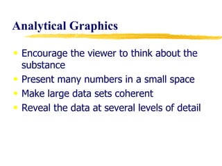Analytical Graphics  Encourage the viewer to think about the substance Present many numbers in a small space Make large data sets coherent Reveal the data at several levels of detail 