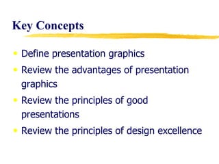 Key Concepts  Define presentation graphics Review the advantages of presentation graphics Review the principles of good presentations Review the principles of design excellence 