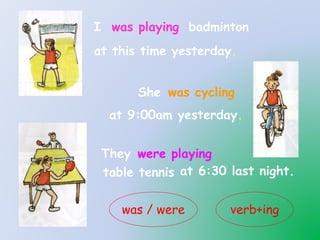I was playing badminton
at this time yesterday.
She was cycling
at 9:00am yesterday.
They were playing
table tennis at 6:30 last night.
was / were verb+ing
 