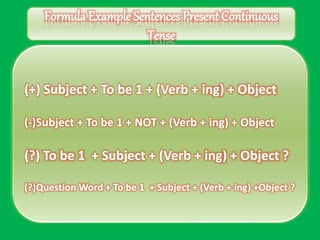 (+) Subject + To be 1 + (Verb + ing) + Object
(-)Subject + To be 1 + NOT + (Verb + ing) + Object
(?) To be 1 + Subject + (Verb + ing) + Object ?
(?)Question Word + To be 1 + Subject + (Verb + ing) +Object ?
Formula Example Sentences Present Continuous
Tense
 