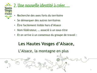 • Recherche des axes forts du territoire

• Se démarquer des autres territoires
• Être facilement lisible hors d’Alsace
• Nom fédérateur, … associé à un sous-titre
• Et on arrive à un consensus du groupe de travail :

Les Hautes Vosges d’Alsace,
L’Alsace, la montagne en plus

3

 