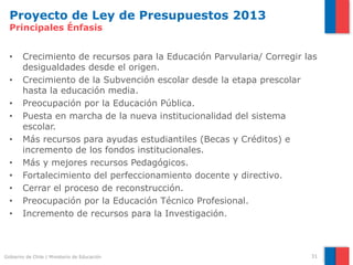 Proyecto de Ley de Presupuestos 2013
  Principales Énfasis


  •     Crecimiento de recursos para la Educación Parvularia/ Corregir las
        desigualdades desde el origen.
  •     Crecimiento de la Subvención escolar desde la etapa prescolar
        hasta la educación media.
  •     Preocupación por la Educación Pública.
  •     Puesta en marcha de la nueva institucionalidad del sistema
        escolar.
  •     Más recursos para ayudas estudiantiles (Becas y Créditos) e
        incremento de los fondos institucionales.
  •     Más y mejores recursos Pedagógicos.
  •     Fortalecimiento del perfeccionamiento docente y directivo.
  •     Cerrar el proceso de reconstrucción.
  •     Preocupación por la Educación Técnico Profesional.
  •     Incremento de recursos para la Investigación.



Gobierno de Chile | Ministerio de Educación                             31
 