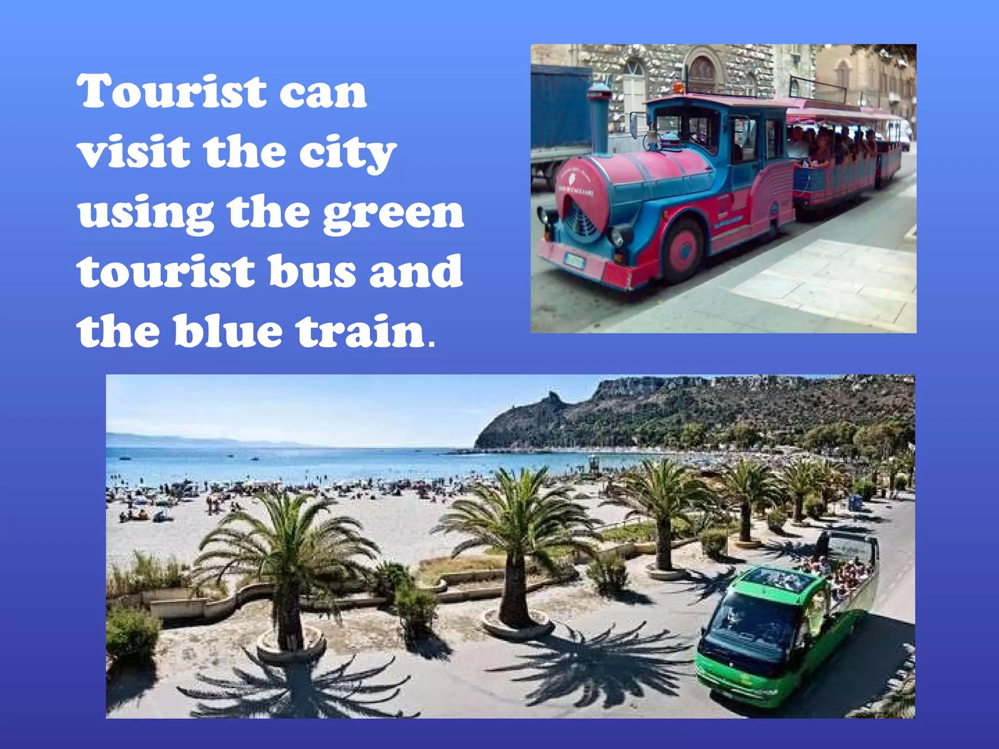 Tourist can visit the city using the green tourist bus and the blue train .