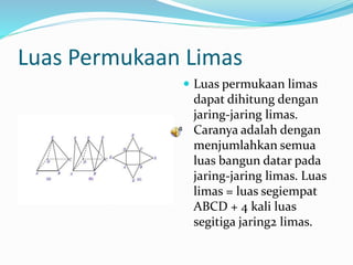 Luas Permukaan Limas
 Luas permukaan limas
dapat dihitung dengan
jaring-jaring limas.
Caranya adalah dengan
menjumlahkan semua
luas bangun datar pada
jaring-jaring limas. Luas
limas = luas segiempat
ABCD + 4 kali luas
segitiga jaring2 limas.
 