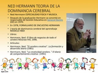 NED HERMANN TEORIA DE LA
DOMINANCIA CEREBRAL
• Ned Herrmann ESPECIALIDAD FISICA Y MUSICA.
• Después de la graduación Hermann se convirtió en
responsable de Gestión Educativa en General Electric
(GE) en 1970.
• En 1978, FORMULARIO DE ENCUESTAS HERMANN
• ( teoría de dominancia cerebral del aprendizaje
MODELO HBDI
• Libros:
• Herrmann, Ned. El libro de negocios de todo el
cerebro McGraw-Hill, 1996.
• Artículos:
• Herrmann, Ned. "El cerebro creativo". La formación y
desarrollo diario (1981)
• Herrmann, Ned. "La creatividad cerebro ." El diario
de comportamiento creativo (1991)
 