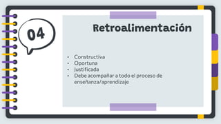 Retroalimentación
• Constructiva
• Oportuna
• Justificada
• Debe acompañar a todo el proceso de
enseñanza/aprendizaje
 