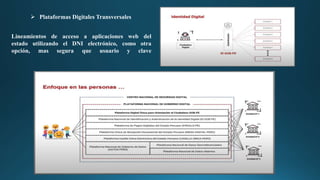  Plataformas Digitales Transversales
Lineamientos de acceso a aplicaciones web del
estado utilizando el DNI electrónico, como otra
opción, mas segura que usuario y clave
 