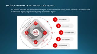 POLÍTICA NACIONAL DE TRANSFORMACIÓN DIGITAL
La Política Nacional de Transformación Digital se fundamenta en cuatro pilares centrales: la conectividad,
la educación digital, el gobierno digital y la economía digital
 