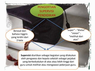 PENGERTIAN
SUPERVISI
PENDIDIKAN
Berasal dari
bahasa Inggris
yang terdiri dari
2 kata
“super” : “diatas”
“vision” :
“melihat dari
atas”
Supervisi diartikan sebagai kegiatan yang dilakukan
oleh pengawas dan kepala sekolah sebagai pejabat
yang berkedudukan di atas atau lebih tinggi dari
guru untuk melihat atau mengawasi pekerjaan guru.
 