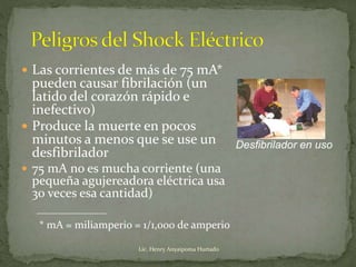  Las corrientes de más de 75 mA*
pueden causar fibrilación (un
latido del corazón rápido e
inefectivo)
 Produce la muerte en pocos
minutos a menos que se use un
desfibrilador
 75 mA no es mucha corriente (una
pequeña agujereadora eléctrica usa
30 veces esa cantidad)
* mA = miliamperio = 1/1,000 de amperio
Desfibrilador en uso
Lic. Henry Anyaipoma Hurtado
 