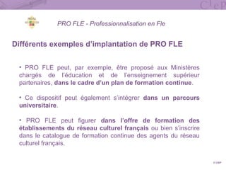 PRO FLE - Professionnalisation en Fle
Différents exemples d’implantation de PRO FLE
• PRO FLE peut, par exemple, être proposé aux Ministères
chargés de l’éducation et de l’enseignement supérieur
partenaires, dans le cadre d’un plan de formation continue.
• Ce dispositif peut également s’intégrer dans un parcours
universitaire.
• PRO FLE peut figurer dans l’offre de formation des
établissements du réseau culturel français ou bien s’inscrire
dans le catalogue de formation continue des agents du réseau
culturel français.
© CIEP
 