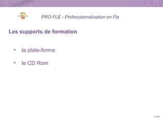 PRO FLE - Professionnalisation en Fle
Les supports de formation
• la plate-forme
• le CD Rom
© CIEP
 