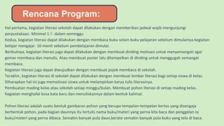 Hal pertama, kegiatan literasi sekolah dapat dilakukan dengan memberikan jadwal wajib mengunjungi
perpustakaan. Minimal 1× dalam seminggu
Kedua, kegiatan literasi dapat dilakukan dengan membaca buku selain buku pelajaran sebelum dimulainya kegiatan
belajar mengajar. 10 menit sebelum pembelajaran dimulai.
Berikutnya, kegiatan literasi juga dapat dilakukan dengan membuat dinding motivasi untuk menyemangati agar
gemar membaca dan menulis. Atau membuat poster lalu ditempelkan di dinding untuk menggugah semangat
membaca.
Kegiatan literasi juga dapat diwujudkan dengan membuat pojok membaca di sekolah.
Terakhir, kegiatan literasi di sekolah dapat dilakukan dengan membuat lembar literasi bagi setiap siswa di kelas.
Diharapkan hal ini juga memotivasi siswa untuk melampirkan karya tulis literasinya.
Pembuatan mading kelas atau sekolah setiap minggu/bulan. Membuat pohon literasi di setiap mading kelas.
Kegiatan menghafal kosa kata baru dan menuliskannya dalam bentuk kalimat.
Pohon literasi adalah suatu bentuk gambaran pohon yang berupa tempelan-tempelan kertas yang disengaja
berbentuk pohon, pada bagian daunnya itu tertulis nama buku/materi yang perna kita baca dan penggalan isi
buku/materi yang perna dibaca. Semakin banyak pula daun,berate semakin banyak pula buku yang tela di baca.
 