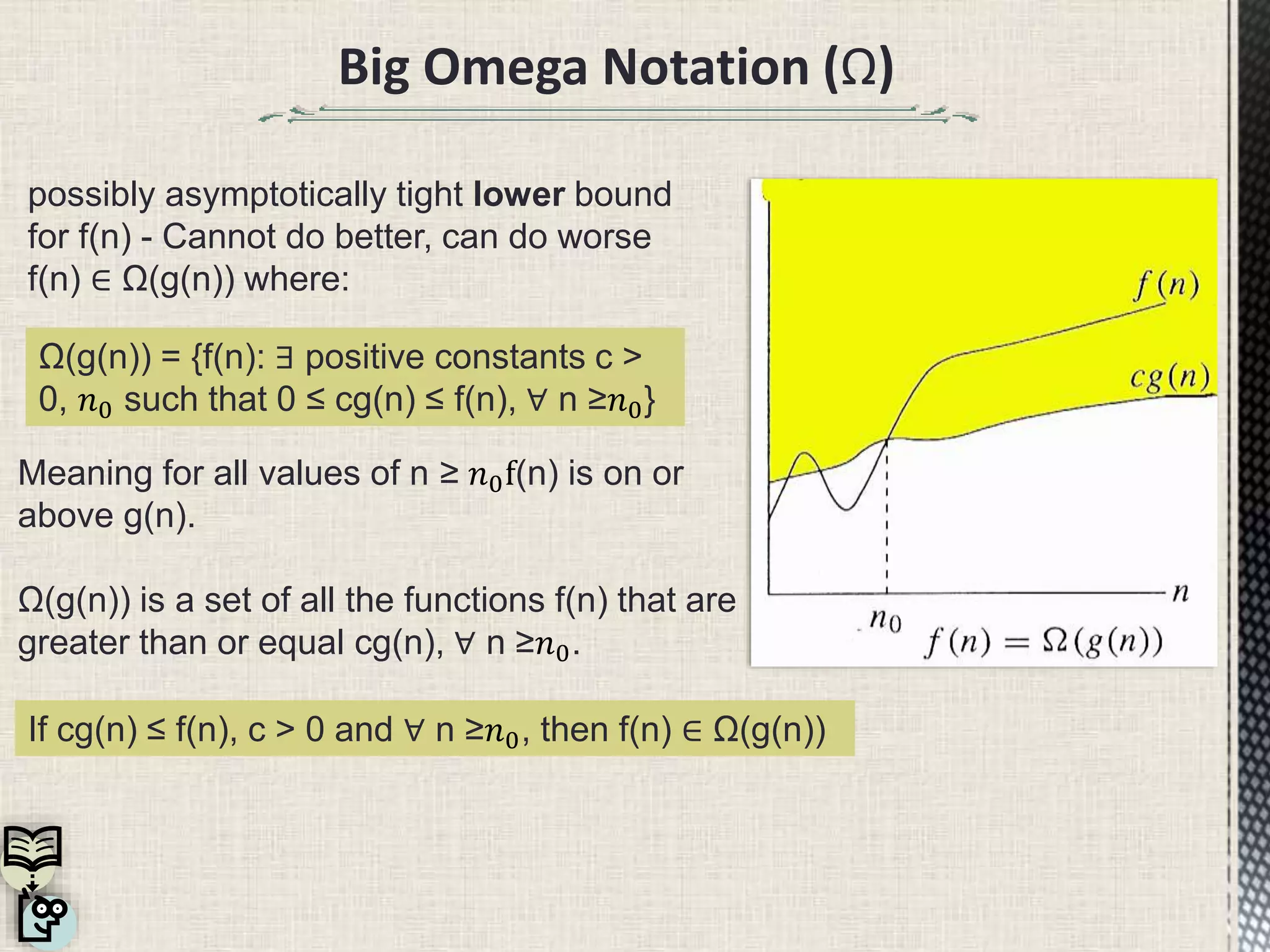 Big Omega Notation (Ω)
possibly asymptotically tight lower bound
for f(n) - Cannot do better, can do worse
f(n) ∈ Ω(g(n)) where:
Meaning for all values of n ≥ 𝑛0f(n) is on or
above g(n).
Ω(g(n)) is a set of all the functions f(n) that are
greater than or equal cg(n), ∀ n ≥𝑛0.
Ω(g(n)) = {f(n): ∃ positive constants c >
0, 𝑛0 such that 0 ≤ cg(n) ≤ f(n), ∀ n ≥𝑛0}
If cg(n) ≤ f(n), c > 0 and ∀ n ≥𝑛0, then f(n) ∈ Ω(g(n))
 