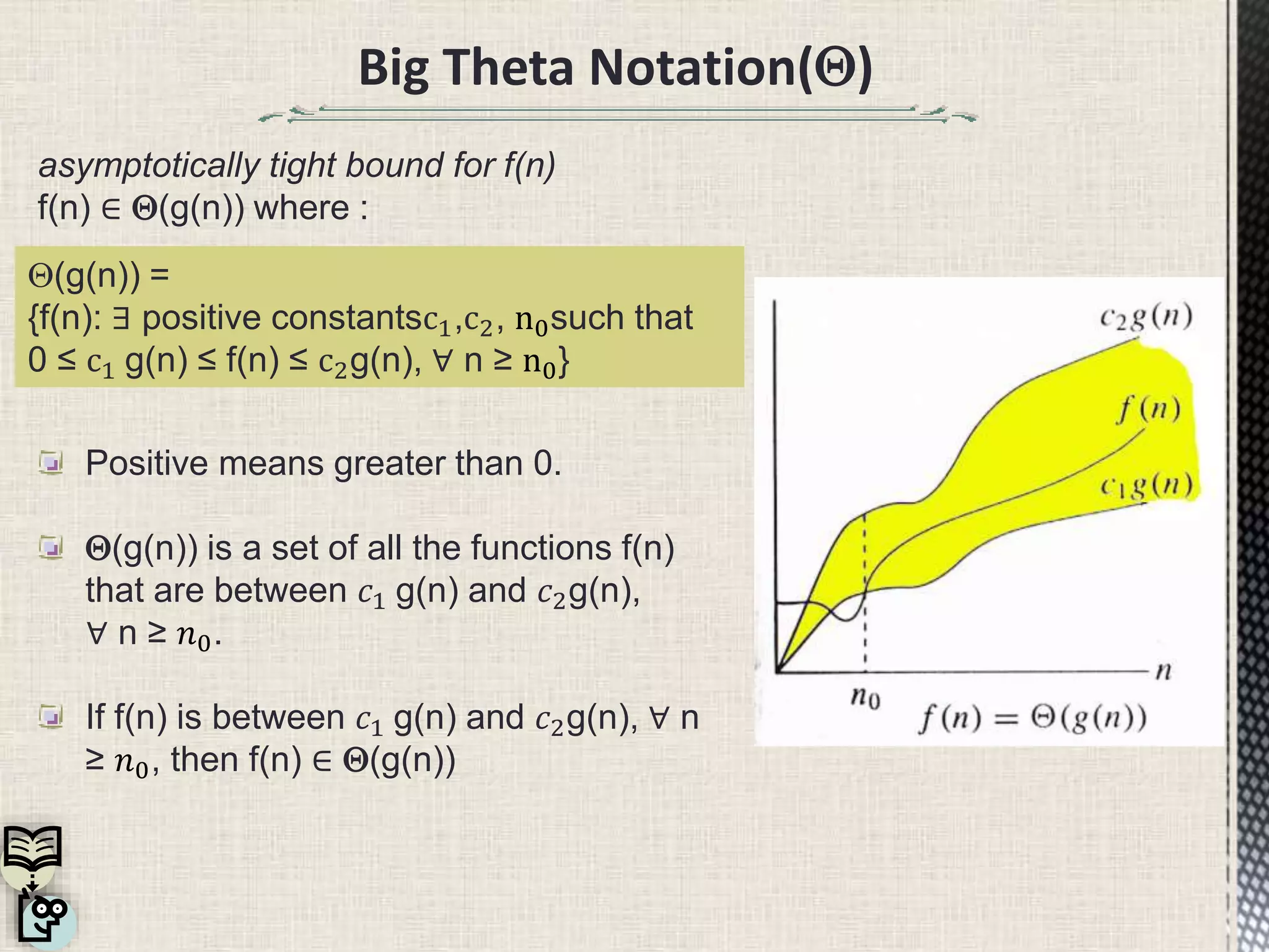 Big Theta Notation()
asymptotically tight bound for f(n)
f(n) ∈ (g(n)) where :
Positive means greater than 0.
(g(n)) is a set of all the functions f(n)
that are between 𝑐1 g(n) and 𝑐2g(n),
∀ n ≥ 𝑛0.
If f(n) is between 𝑐1 g(n) and 𝑐2g(n), ∀ n
≥ 𝑛0, then f(n) ∈ (g(n))
(g(n)) =
{f(n): ∃ positive constantsc1,c2, n0such that
0 ≤ c1 g(n) ≤ f(n) ≤ c2g(n), ∀ n ≥ n0}
 