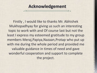 Acknowledgement
Firstly , I would like to thanks Mr. Abhishek
Mukhopadhyay for giving us such an interesting
topic to work with and Of course last but not the
least I express my esteemed gratitude to my group
members Meraj,Papiya,Nazaan,Protap who put up
with me during the whole period and provided me
valuable guidance in times of need and gave
wonderful cooperation and support to complete
the project.
 