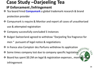 Case Study –Darjeeling Tea
IP Enforcement /Infringement
 Tea board hired Compumark a global trademark research & brand
protection provider
 Compumark is require & Monitor and report all cases of unauthorized
use & attempted registration
 Company successfully concluded 5 instances
 Bulgari Switzerland agreed to withdraw “Darjeeling Tea fragrance for
men “ pursuant of legal notice & negotiations
 In france also Comptoir des Parfums withdrew its application
 Some times company lost due to company specific legislation
 Board has spent $0.2M on legal & registration expenses , monitoring of
infringement
34
 