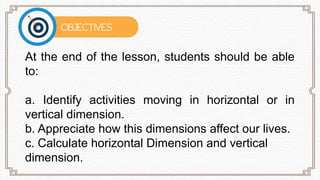 At the end of the lesson, students should be able
to:
a. Identify activities moving in horizontal or in
vertical dimension.
b. Appreciate how this dimensions affect our lives.
c. Calculate horizontal Dimension and vertical
dimension.
 