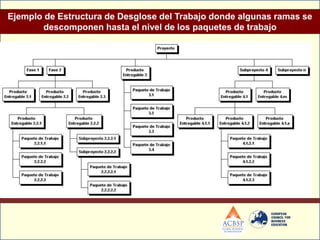 Ejemplo de Estructura de Desglose del Trabajo donde algunas ramas se
       descomponen hasta el nivel de los paquetes de trabajo
 