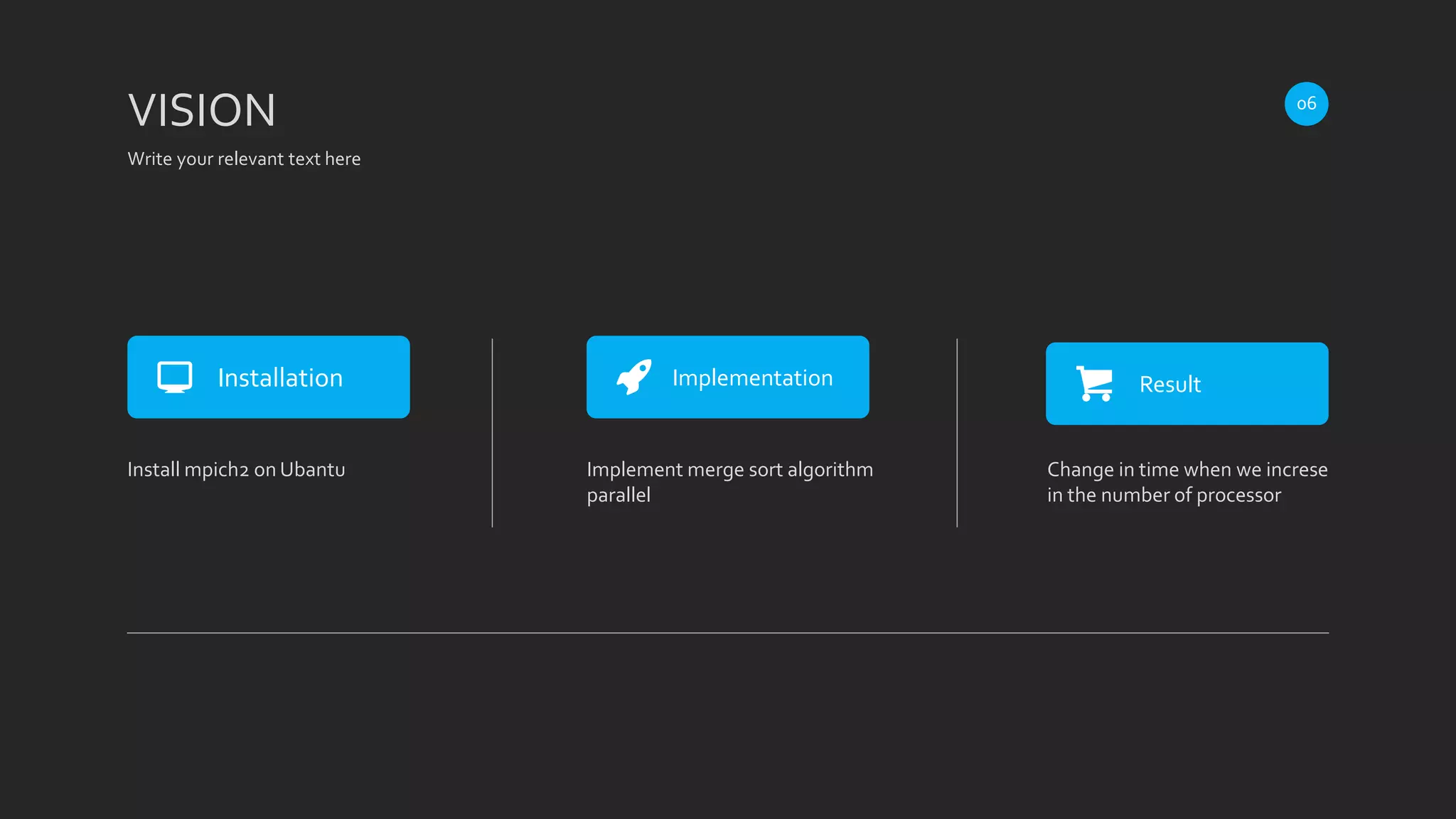 Installation Implementation Result
Install mpich2 on Ubantu Implement merge sort algorithm
parallel
Change in time when we increse
in the number of processor
VISION
Write your relevant text here
06
 