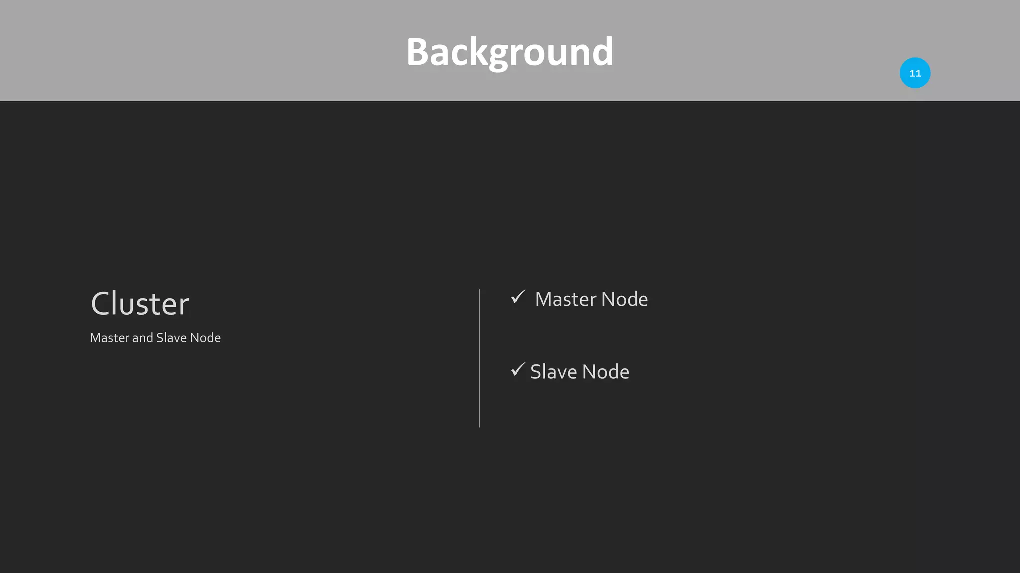 Background
Cluster
Master and Slave Node
 Master Node
 Slave Node
11
 