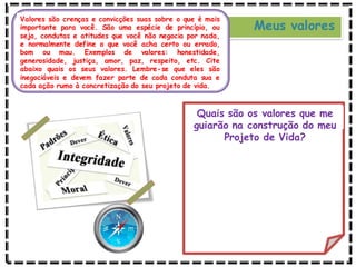Meus valores
Valores são crenças e convicções suas sobre o que é mais
importante para você. São uma espécie de princípio, ou
seja, condutas e atitudes que você não negocia por nada,
e normalmente define o que você acha certo ou errado,
bom ou mau. Exemplos de valores: honestidade,
generosidade, justiça, amor, paz, respeito, etc. Cite
abaixo quais os seus valores. Lembre-se que eles são
inegociáveis e devem fazer parte de cada conduta sua e
cada ação rumo à concretização do seu projeto de vida.
Quais são os valores que me
guiarão na construção do meu
Projeto de Vida?
 
