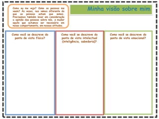 Minha visão sobre mim
Como eu me vejo? Como as pessoas me
veem? Às vezes, nos vemos diferente do
que as pessoas acham que somos.
Precisamos também levar em consideração
a opinião das pessoas sobre nós, e mudar
aquilo que achamos ser necessário em
nosso comportamento, em nossas atitudes.
Como você se descreve do
ponto de vista físico?
Como você se descreve do
ponto de vista intelectual
(inteligência, sabedoria)?
Como você se descreve do
ponto de vista emocional?
 