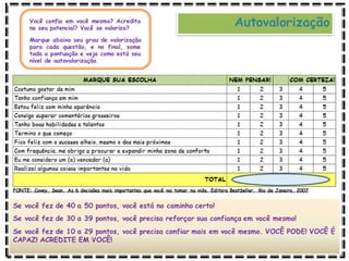 Autovalorização
Você confia em você mesmo? Acredita
no seu potencial? Você se valoriza?
Marque abaixo seu grau de valorização
para cada questão, e no final, some
toda a pontuação e veja como está seu
nível de autovalorização.
Se você fez de 40 a 50 pontos, você está no caminho certo!
Se você fez de 30 a 39 pontos, você precisa reforçar sua confiança em você mesmo!
Se você fez de 10 a 29 pontos, você precisa confiar mais em você mesmo. VOCÊ PODE! VOCÊ É
CAPAZ! ACREDITE EM VOCÊ!
FONTE: Covey, Sean. As 6 decisões mais importantes que você vai tomar na vida. Editora BestSeller. Rio de Janeiro, 2007
 