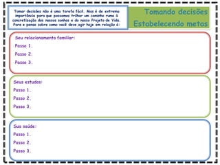 Tomando decisões
Estabelecendo metas
Tomar decisões não é uma tarefa fácil. Mas é de extrema
importância para que possamos trilhar um caminho rumo à
concretização dos nossos sonhos e do nosso Projeto de Vida.
Pare e pense sobre como você deve agir hoje em relação à:
Seu relacionamento familiar:
Passo 1.
Passo 2.
Passo 3.
Seus estudos:
Passo 1.
Passo 2.
Passo 3.
Sua saúde:
Passo 1.
Passo 2.
Passo 3.
 