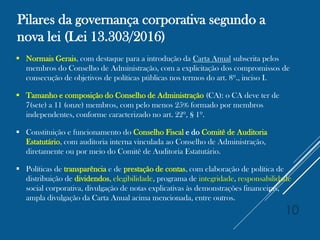 Pilares da governança corporativa segundo a
nova lei (Lei 13.303/2016)
 Normais Gerais, com destaque para a introdução da Carta Anual subscrita pelos
membros do Conselho de Administração, com a explicitação dos compromissos de
consecução de objetivos de políticas públicas nos termos do art. 8º., inciso I.
 Tamanho e composição do Conselho de Administração (CA): o CA deve ter de
7(sete) a 11 (onze) membros, com pelo menos 25% formado por membros
independentes, conforme caracterizado no art. 22º, § 1º.
 Constituição e funcionamento do Conselho Fiscal e do Comitê de Auditoria
Estatutário, com auditoria interna vinculada ao Conselho de Administração,
diretamente ou por meio do Comitê de Auditoria Estatutário.
 Políticas de transparência e de prestação de contas, com elaboração de política de
distribuição de dividendos, elegibilidade, programa de integridade, responsabilidade
social corporativa, divulgação de notas explicativas às demonstrações financeiras,
ampla divulgação da Carta Anual acima mencionada, entre outros.
10
 