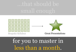 …that should be
         small enough


Bespoke Syllabus   Great Presentations


    for you to master in
     less than a month.
 