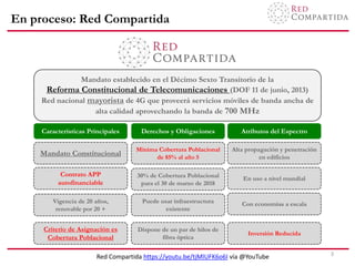 En proceso: Red Compartida
3
Mandato establecido en el Décimo Sexto Transitorio de la
Reforma Constitucional de Telecomunicaciones (DOF 11 de junio, 2013)
Red nacional mayorista de 4G que proveerá servicios móviles de banda ancha de
alta calidad aprovechando la banda de 700 MHz
Atributos del EspectroCaracterísticas Principales Derechos y Obligaciones
Mínima Cobertura Poblacional
de 85% al año 5
Contrato APP
autofinanciable
Criterio de Asignación es
Cobertura Poblacional
Con economías a escala
Inversión Reducida
En uso a nivel mundial
Alta propagación y penetración
en edificios
Mandato Constitucional
Puede usar infraestructura
existente
30% de Cobertura Poblacional
para el 30 de marzo de 2018
Vigencia de 20 años,
renovable por 20 +
Dispone de un par de hilos de
fibra óptica
Red Compartida https://youtu.be/tjMlUFK6o6I vía @YouTube
 