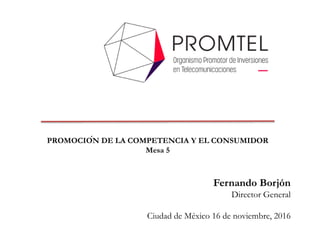 Fernando Borjón
Director General
Ciudad de México 16 de noviembre, 2016
PROMOCIÓN DE LA COMPETENCIA Y EL CONSUMIDOR
Mesa 5
 