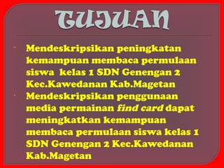 •   Mendeskripsikan peningkatan
    kemampuan membaca permulaan
    siswa kelas 1 SDN Genengan 2
    Kec.Kawedanan Kab.Magetan
•   Mendeskripsikan penggunaan
    media permainan find card dapat
    meningkatkan kemampuan
    membaca permulaan siswa kelas 1
    SDN Genengan 2 Kec.Kawedanan
    Kab.Magetan
 