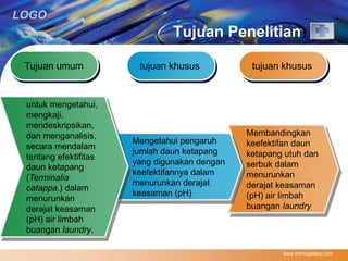 LOGO 
Tujuan Penelitian 
Tujuan umum tujuan khusus tujuan khusus 
Membandingkan 
keefektifan daun 
ketapang utuh dan 
serbuk dalam 
menurunkan 
derajat keasaman 
(pH) air limbah 
buangan laundry 
www.themegallery.com 
Mengetahui pengaruh 
jumlah daun ketapang 
yang digunakan dengan 
keefektifannya dalam 
menurunkan derajat 
keasaman (pH) 
untuk mengetahui, 
mengkaji, 
mendeskripsikan, 
dan menganalisis, 
secara mendalam 
tentang efektifitas 
daun ketapang 
(Terminalia 
catappa.) dalam 
menurunkan 
derajat keasaman 
(pH) air limbah 
buangan laundry. 
 