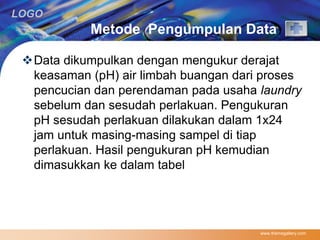 LOGO 
Metode Pengumpulan Data 
Data dikumpulkan dengan mengukur derajat 
keasaman (pH) air limbah buangan dari proses 
pencucian dan perendaman pada usaha laundry 
sebelum dan sesudah perlakuan. Pengukuran 
pH sesudah perlakuan dilakukan dalam 1x24 
jam untuk masing-masing sampel di tiap 
perlakuan. Hasil pengukuran pH kemudian 
dimasukkan ke dalam tabel 
www.themegallery.com 
 